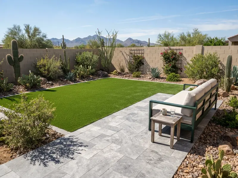 Modern paver patio and artificial turf Modern paver patio and artificial turf