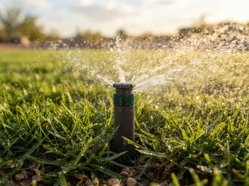 Sprinkler head watering vibrant Yuma lawn Sprinkler head watering vibrant Yuma lawn