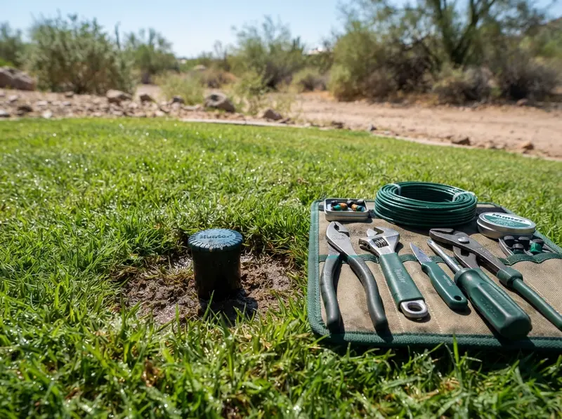 Sprinkler repair tools on green turf Sprinkler repair tools on green turf